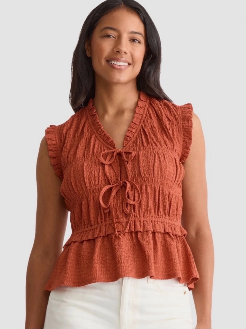 Time and Tru Rust Ruffle Tie-Front Sleeveless Shirt Blouse Sz XS NWT